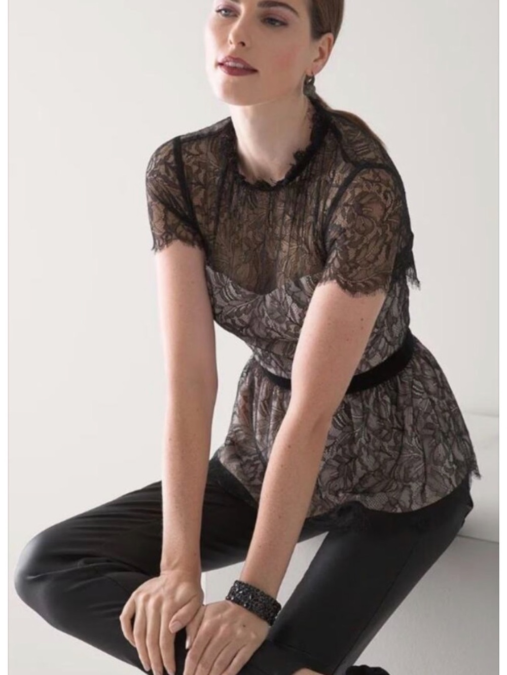 White House Black Market Black Lace Short-Sleeve Peplum Blouse
